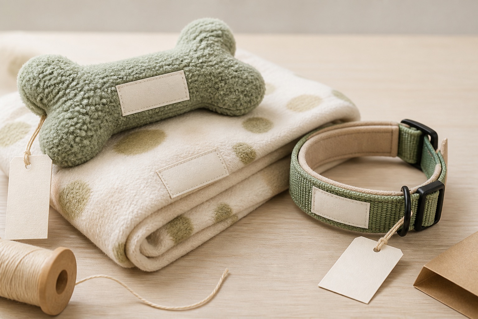 Woven brand labels and swing tags being attached to plush pet products