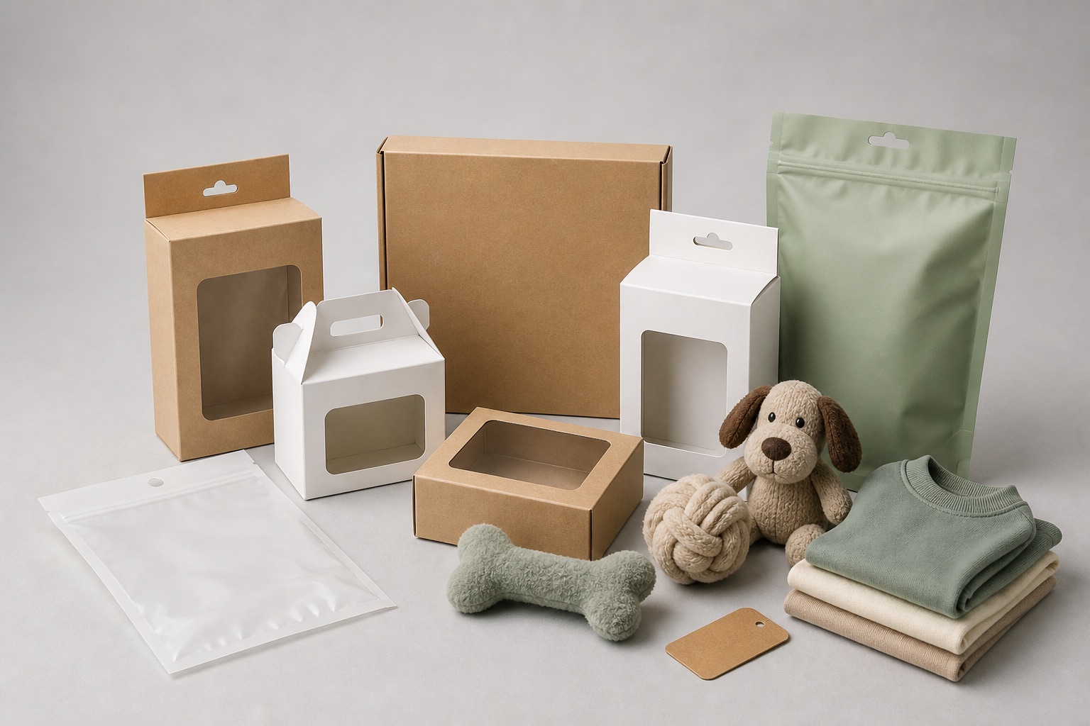 Plain kraft and white retail cartons with a standing pouch for pet products
